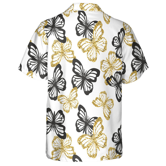 Spring Theme Golden Glitter And Black Butterflies Hawaiian Shirt, Hawaiian Shirt Gift, Christmas Gift