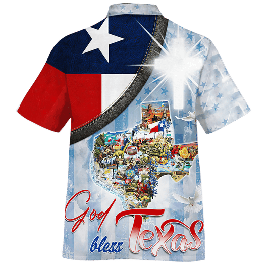 God Bless Texas White And Blue Theme Hawaiian Shirt, Hawaiian Shirt Gift, Christmas Gift