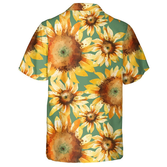 Green Background Watercolor Sunflowers Painting Pattern Hawaiian Shirt,Hawaiian Shirt Gift, Christmas Gift