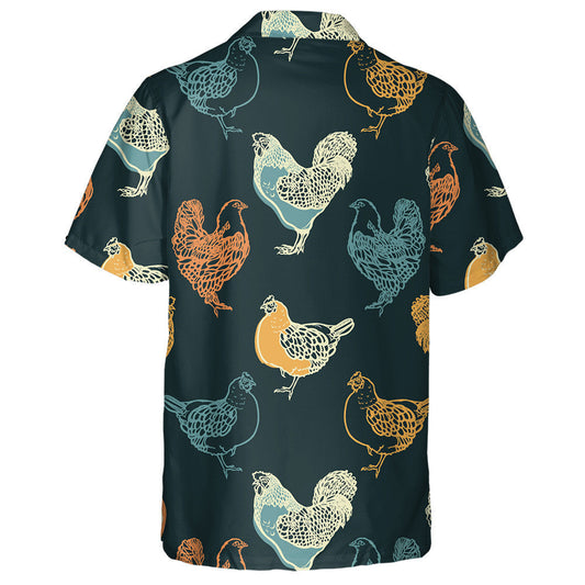Cocks And Chicken On Retro Black Background Hawaiian Shirt, Hawaiian Shirt Gift, Christmas Gift