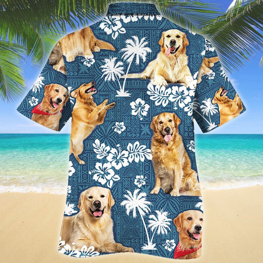 Dearadh Tarraingteach Madra Retriever Órga Patrún Gorm treibhe Léine Haváís, Bronntanas Léine Haváís, Bronntanas Nollag