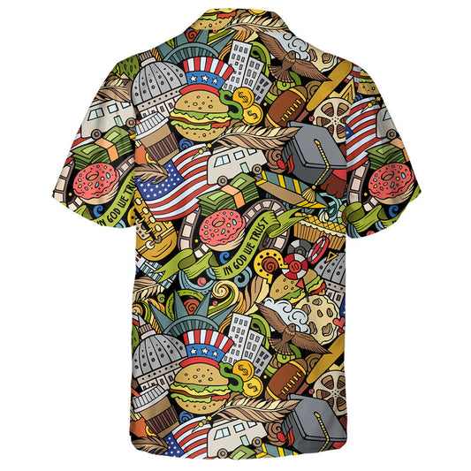 Cúlra Doodles Cartúin le Siombailí agus Míreanna Cultúir Mheiriceánaigh Léine Haváís, Bronntanas Léine Haváíais, Bronntanas Nollag