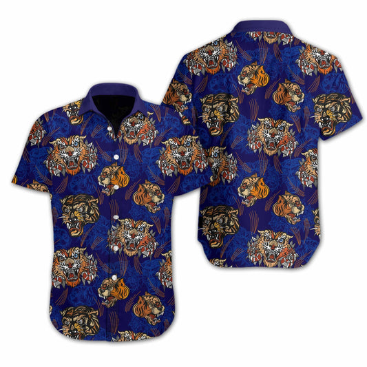 Tiger Tattoo Style On Dark Blue Design Hawaiian Shirt, Hawaiian Shirt Gift, Christmas Gift