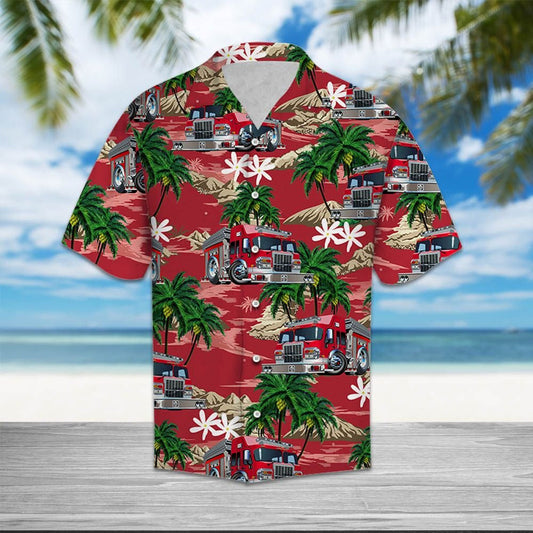 Multicolor Firefighter Car Palm Island Pattern Hawaiian Shirt, Hawaiian Shirt Gift, Christmas Gift
