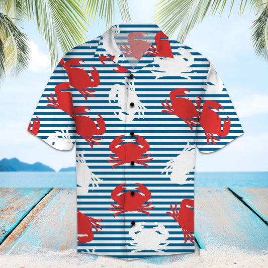 Amazing Crab On Blue Striped Pattern Hawaiian Shirt, Hawaiian For Gift