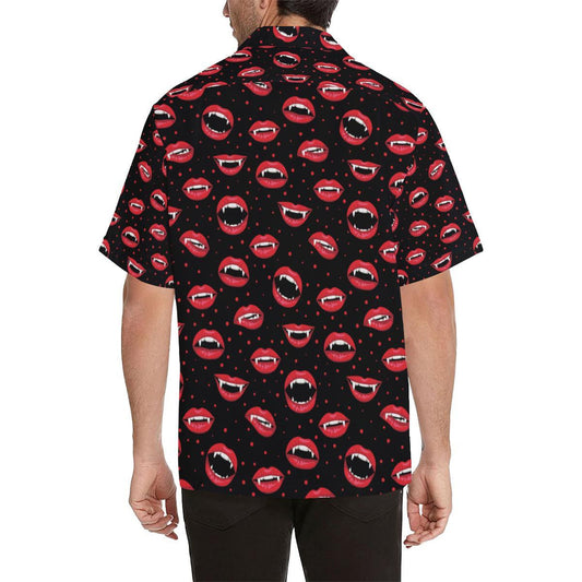 Halloween Lips And Fangs On Black Pattern Hawaiian Shirt, Hawaiian Shirt Gift, Christmas Gift