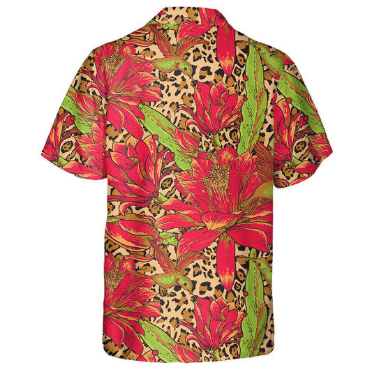 Red Flowers And Hummingbirds On Leopard Background Hawaiian Shirt, Hawaiian Shirt Gift, Christmas Gift