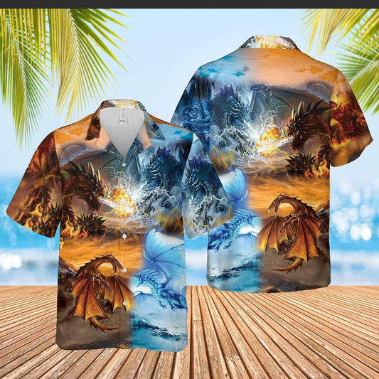 Fire And Ice Dragons Battle Hawaiian Shirt,Hawaiian Shirt Gift, Christmas Gift