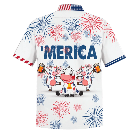 Cow Beer Dancing Blue And Red Firework Hawaiian Shirt, Hawaiian Shirt Gift, Christmas Gift