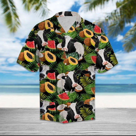 Farm Cow With Papaya And Watermelon Slices Hawaiian Shirt, Hawaiian Shirt Gift, Christmas Gift