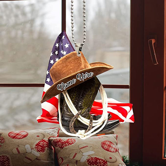 Personalized U.S Cowboy Hats And Boots Two-Sides Shaped Acrylic Ornament For Car, Car Hanging Ornaments, Christmas Decoration