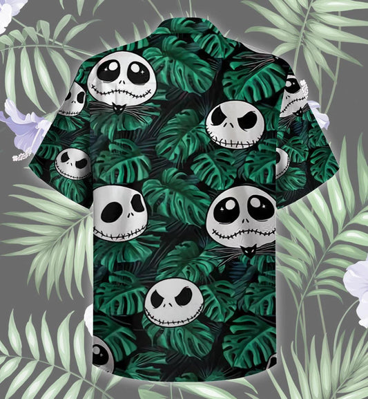 Patrún Greannmhar Jack Skellington le Duilleoga Glasa Tropacha Léine Haváís, Bronntanas Léine Haváíais, Bronntanas Nollag