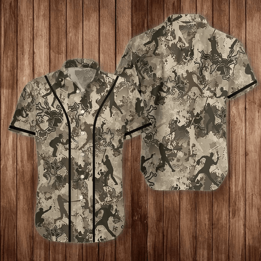 Baseball Camouflage Grey And Brown Design Hawaiian Shirt, Hawaiian For Gift