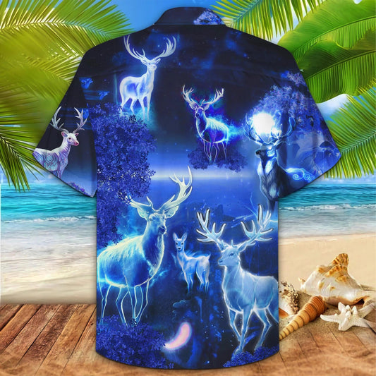 Snow White Deer Navy Background Pattern Hawaiian Shirt,Hawaiian Shirt Gift, Christmas Gift
