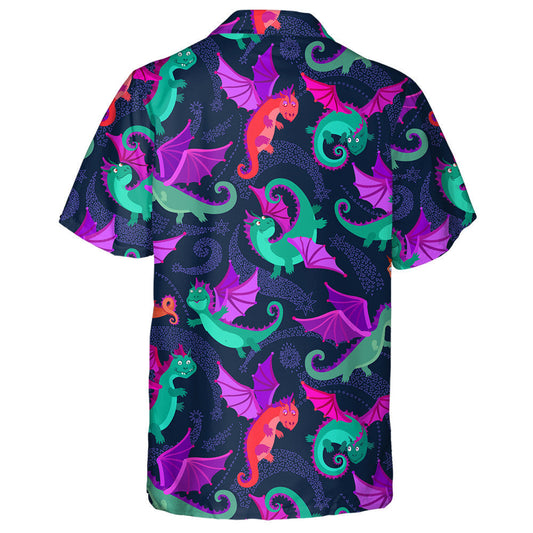 Cartún Dragons Little Flying On Dark Blue Cúlra Léine Haváí, Bronntanas Léine Haváíais, Bronntanas Nollag