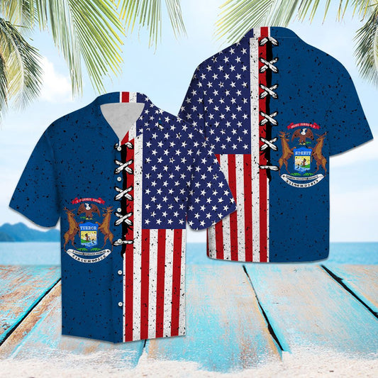 Awesome Flag Of Michigan Usa Flag Pattern Hawaiian Shirt, Hawaiian Shirt Gift, Christmas Gift