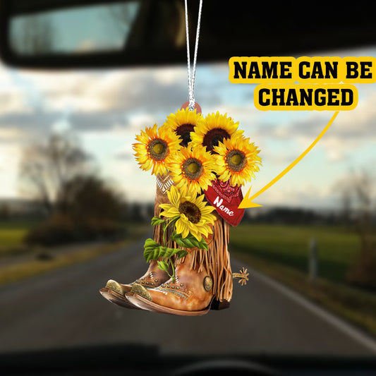 Personalized Vintage Sunflower Boots Cowboy Cowgirl Flat Acrylic Car Ornament, Christmas Decoration