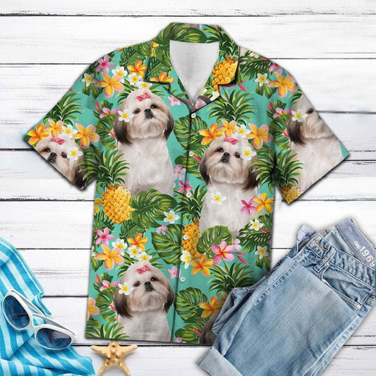 Tropical Flowers And Pineapple Shih Tzu Hawaiian Shirt,Hawaiian Shirt Gift, Christmas Gift