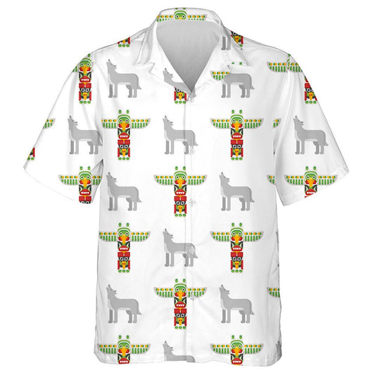 Tribal Totem And Wolf On White Background Hawaiian Shirt, Hawaiian Shirt Gift, Christmas Gift