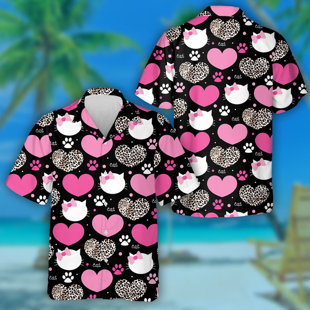 Leopard In Heart With Cat Face Hawaiian Shirt, Hawaiian For Gift