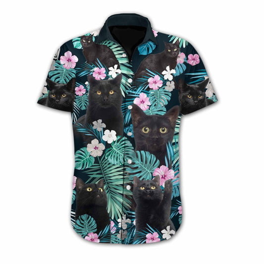 Black Cat Flower Spring Design Hawaiian Shirt , Hawaiian For Gift