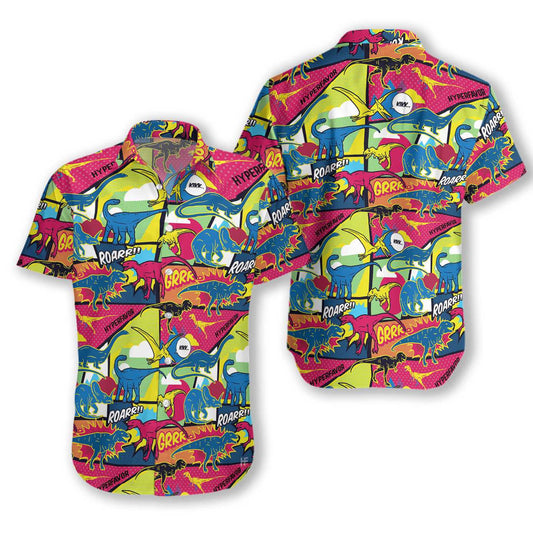 Colorful Comic Dinosaur View Pattern Hawaiian Shirt, Hawaiian For Gift
