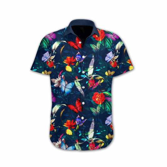 Butterly Flower On Dark Blue Design Hawaiian Shirt, Hawaiian For Gift