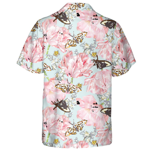 Theme Butterfly With Pink Tulips And Daisies Hawaiian Shirt, Hawaiian Shirt Gift, Christmas Gift