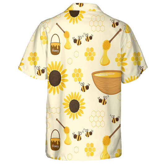 Bee Cartoons Honey Bucket Sunflower Hive Wooden Dipper Hawaiian Shirt, Hawaiian Shirt Gift, Christmas Gift