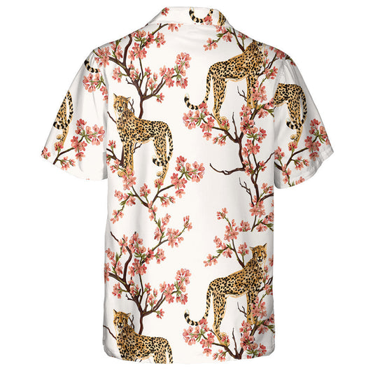 Tropical Vintage Botanical Sakura Tree And Leopard Hawaiian Shirt, Hawaiian Shirt Gift, Christmas Gift