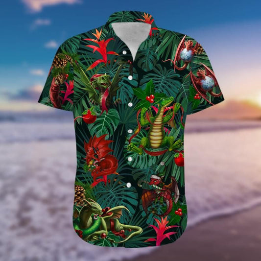 Christmas Dragon Green And Red Background Hawaiian Shirt, Hawaiian For Gift