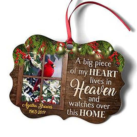 A Big Piece Of My Heart Lives In Heaven - Personalized Memorial Cardinal Bird Aluminium Ornament, Christmas Gift, Christmas Decoration