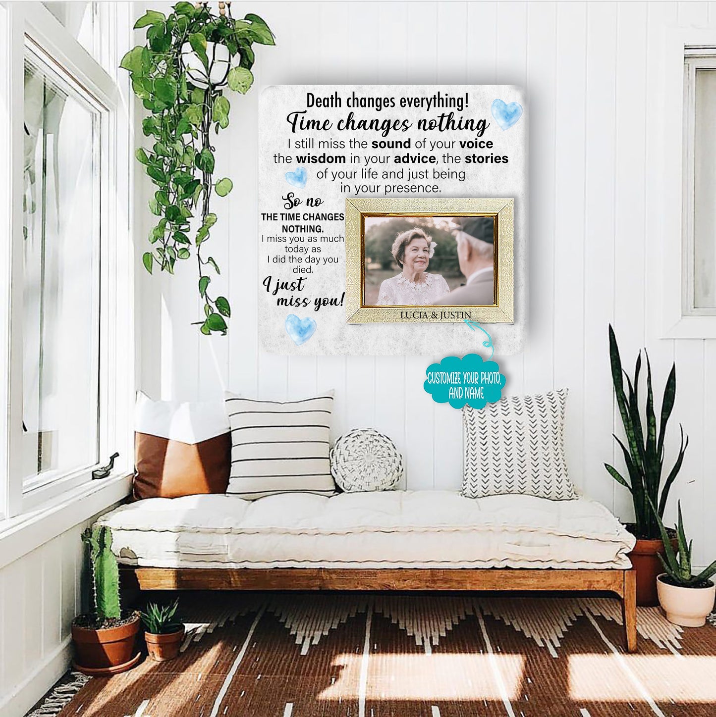 Death changes everything, time changes nothing Memorial Picture Frame - Keepsake Plaque That Holds a custom Photo - Sympathy Gift to Tribute The Loss of a Loved One