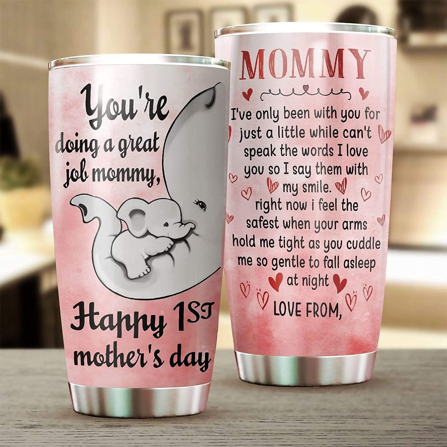 Personalized Mommy Tumbler Elephant, Happy 1st Mother's Day Gifts, 20 Oz Sports Bottle Stainless Steel, Vacuum Insulated Tumbler