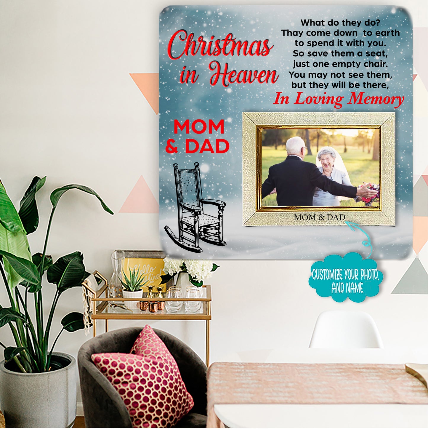 Christma in heaven Mom And Dad Memorial Picture Frame - Keepsake Plaque That Holds a custom Photo - Sympathy Gift to Tribute The Loss of a Loved One