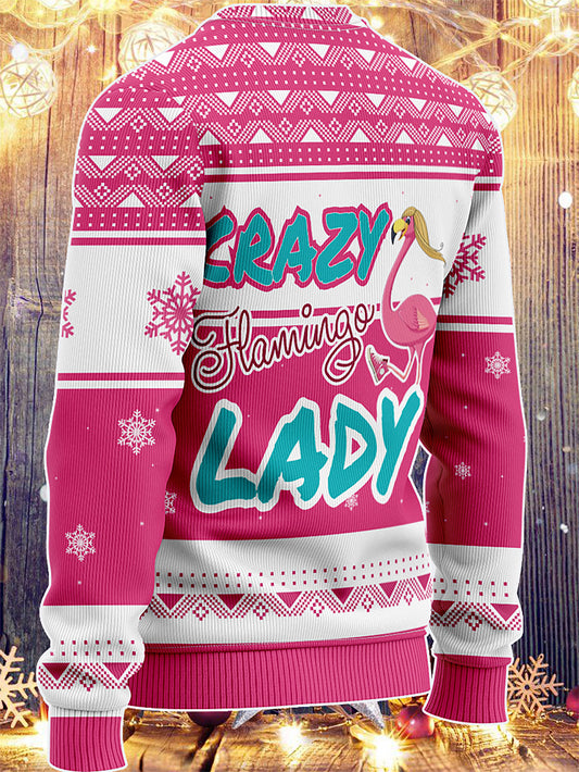 Crazy Flamingo Lady Ugly Knitted Sweater, Christmas Ugly Sweater, Christmas Gift, Gift Christmas 2024