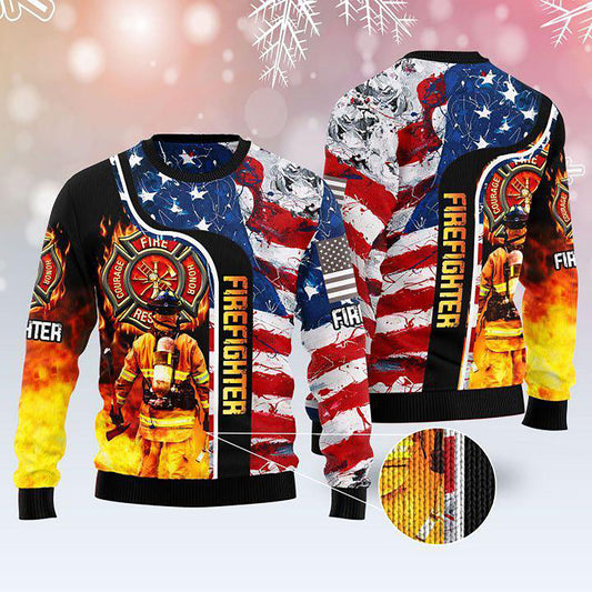 Firefighter Usa Flag Ugly Christmas Sweater, Christmas Ugly Sweater, Christmas Gift, Gift Christmas 2024