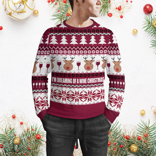 Funny I'm Dreaming Of A Wine Christmas Sweater For Men & Women, Cartoon And Chevron Pattern Sweater, Funny Christmas Sweater Family Gift Idea