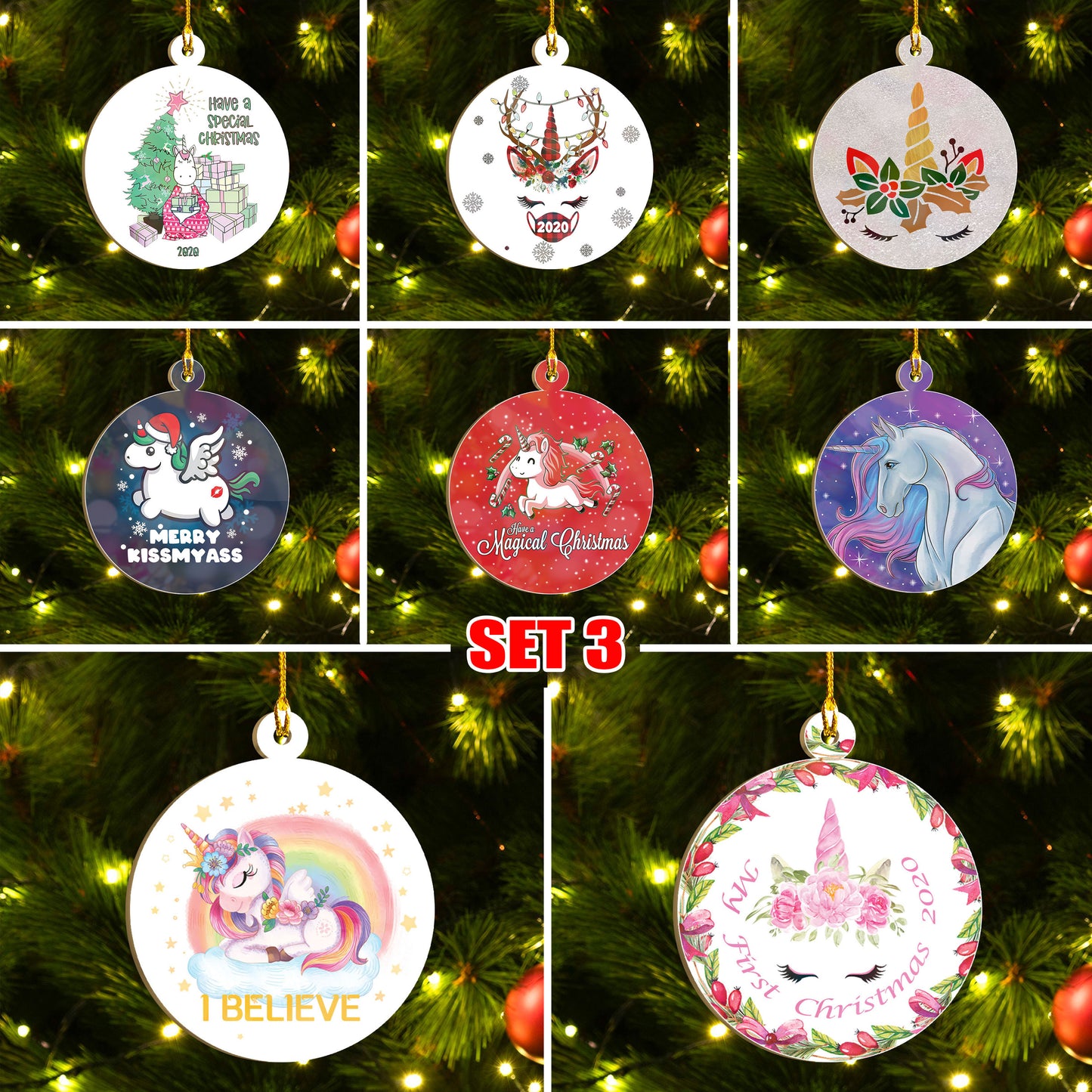 Xmas Unicorn Ornaments Set, Merry Christmas Ornaments Set, Funny Christmas Ornaments Family Gift Idea For Unicorn Lover