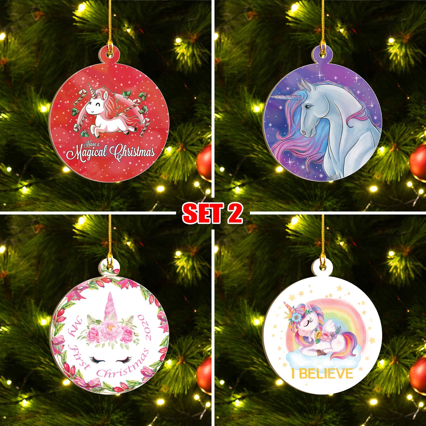 Xmas Unicorn Ornaments Set, Merry Christmas Ornaments Set, Funny Christmas Ornaments Family Gift Idea For Unicorn Lover