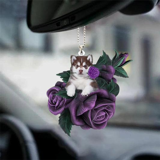 Husky In Purple Rose Car Hanging Ornament, Car Ornament Hanging With Dog - Best gifts your whole family