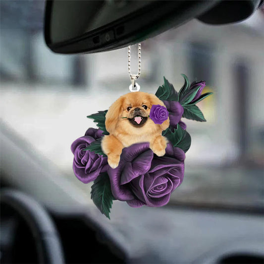 Pekingese In Purple Rose Car Hanging Ornament - Best gifts your whole family