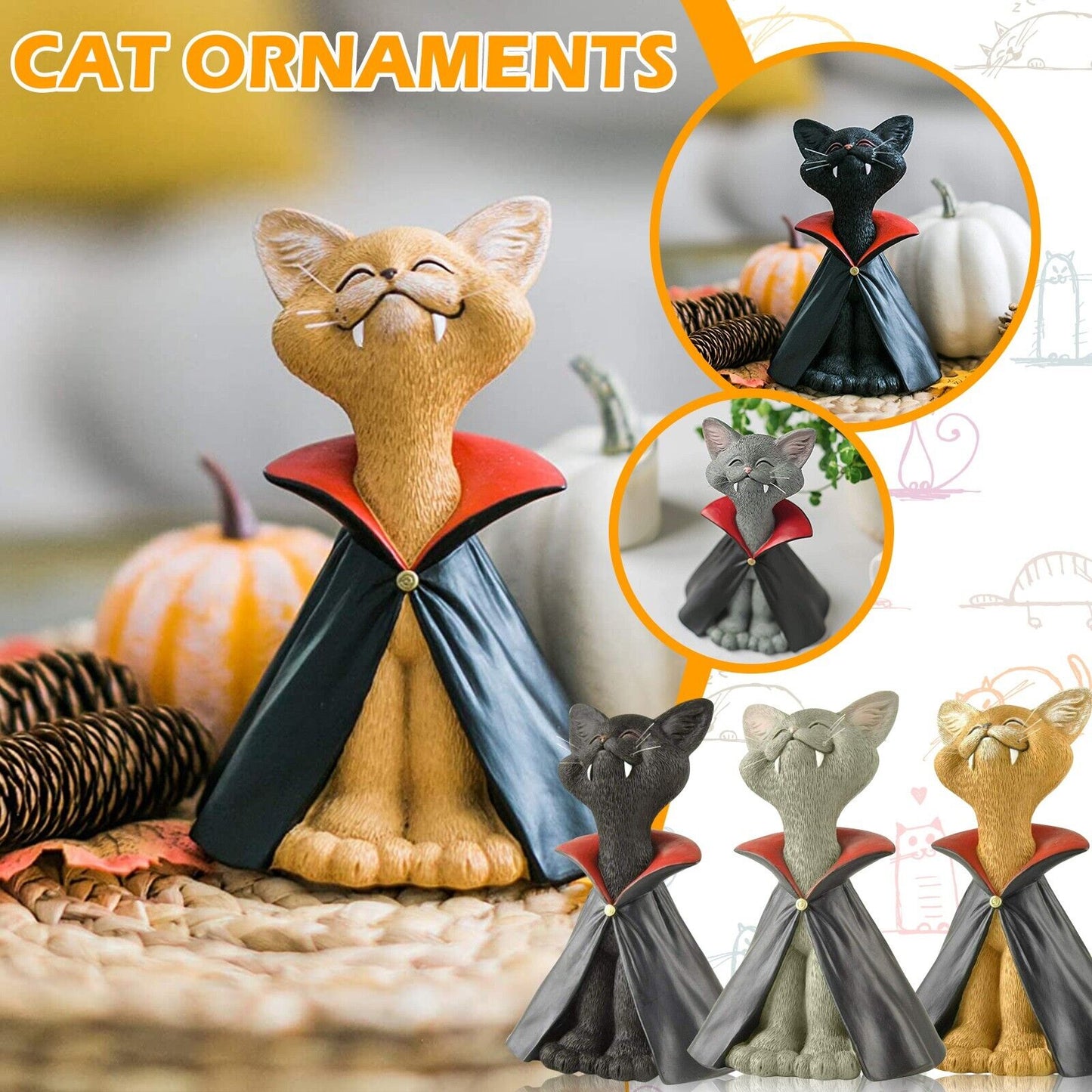 Whimsical Black-Cat Vampire-Dracula Figurine Collectible-Halloween Decoration A