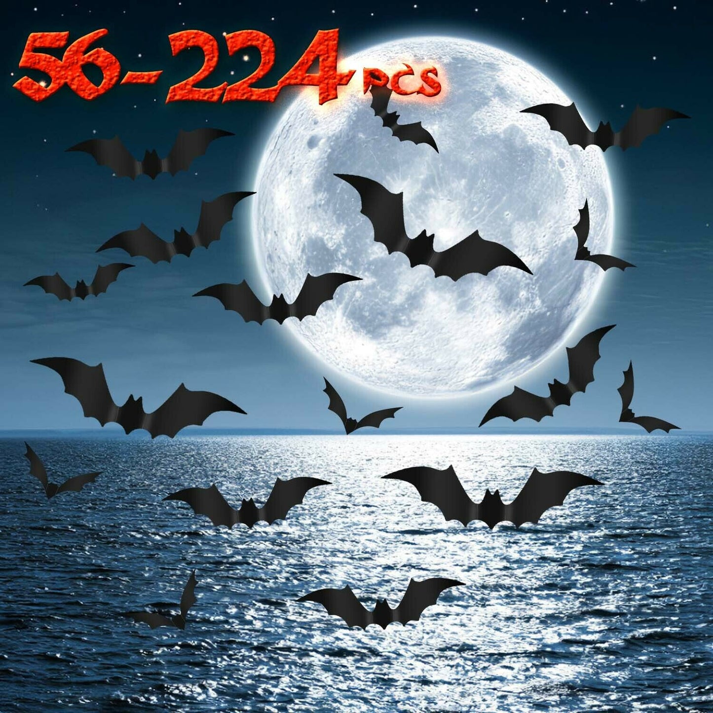 56Pcs Oíche Shamhna 3D Bats Stickers Decals Scary Wall Fuinneog Maisiú Doras SAM