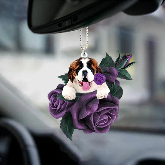 Saint Bernard In Purple Rose Car Hanging Ornament - Best gifts your whole family