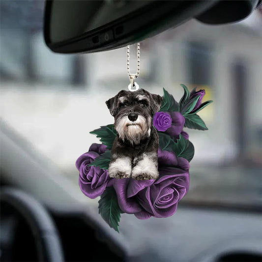 Schnauzer In Purple Rose Car Hanging Ornament, Dog Hanging Car Ornament - Best gifts your whole family