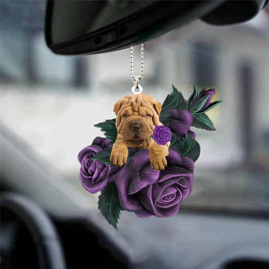 Shar Pei In Purple Rose Car Hanging Ornament - Best gifts your whole family