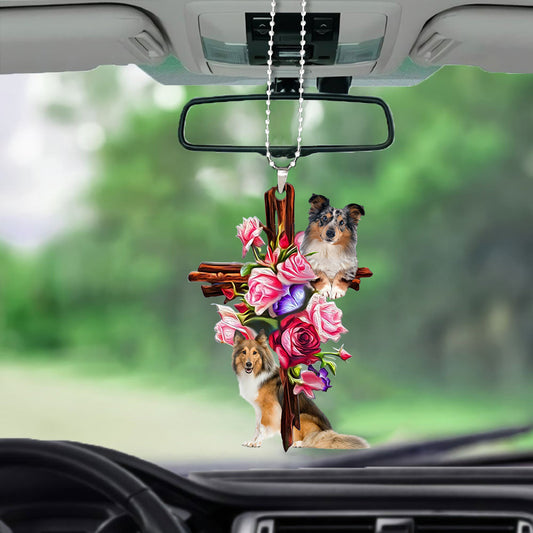 Shetland Sheepdog Roses And Jesus Car Hanging Ornament Dog Ornaments Godmerc - Best gifts your whole family
