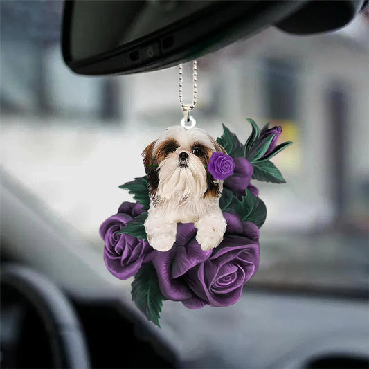 Shih Tzu In Purple Rose Car Hanging Ornament, Car Ornament For Pet Lovers - Best gifts your whole family