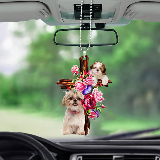 Shih Tzu Roses And Jesus Car Hanging Ornament Dog Interior Ornaments For Auto Car Godmerc - Best gifts your whole family